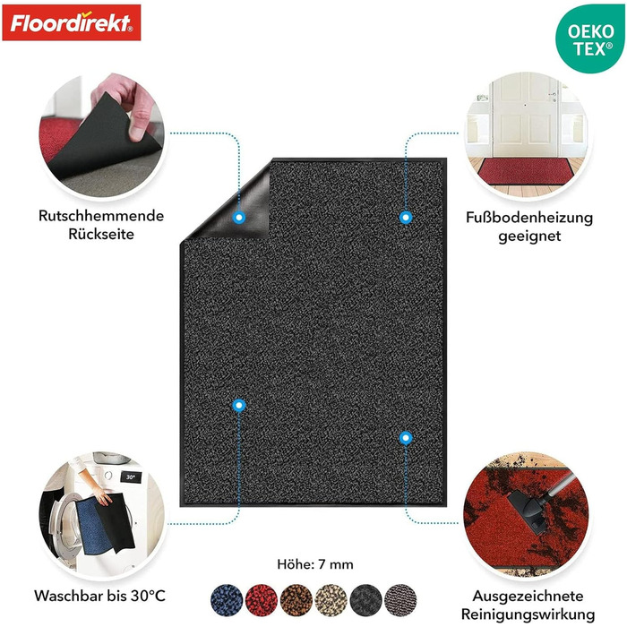 Килимок для підлоги Floordirekt Rhine - миючий, з високою зносостійкістю, з антиковзким покриттям - килимок для вхідної зони (Sparrow), колір антрацитовий (меланж), 80 x 120 см
