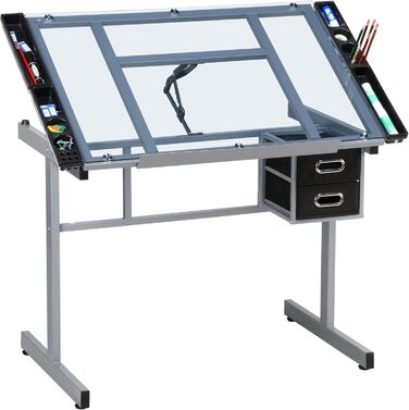Yaheetech Adjustable Drafting Table - Tilting Glass Top Desk for Architects, Artists & Painters - 90cm x 60cm