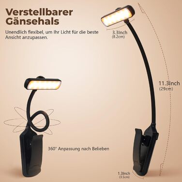 LED лампа для читання з кріпленням, 24 світлодіоди, регульована яскравість, 3 режими температури кольору, USB-C, гнучкий поворот на 360°, захист очей, для дорослих та дітей