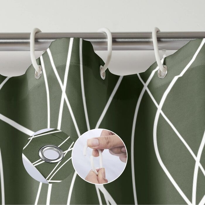 Шторка для душу M&W Design з поліестеру, з лініями, антигрибкова, водовідштовхувальна, біла, 180x200 см, з 12 гачками