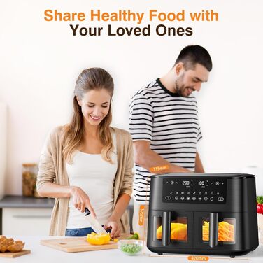 Дво-зонна аерофритюрниця з оглядовим вікном, 9 л XL, подвійний Airfryer, 2 кошики, 9-в-1, сенсорний екран, розумний таймер, для здорового приготування без олії