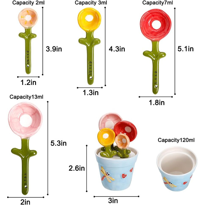 Ceramic Measuring Spoon Set in Jar – Cute Measuring Cups, Spoons for Dry and Wet Ingredients, 1 Tablespoon, 1 Teaspoon, 1/2 Teaspoon, 1/4 Teaspoon, 1 Cup