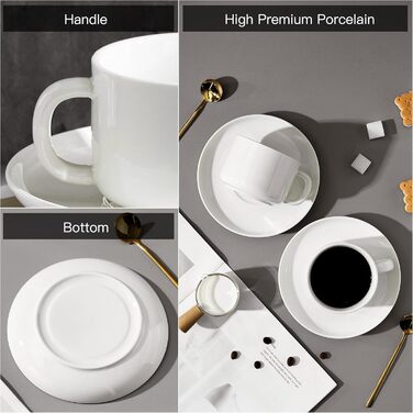 Набір кавових чашок і блюдець Porzellan (4 шт.), з золотою ложкою, 220 мл, кераміка. Чашки капучино для чаю, еспресо (білий)