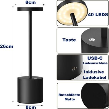 Бездротова LED-лампа SLSMD на акумуляторі 5000mAh, регульована яскравість, металевий корпус, USB-зарядка, для дому та вулиці, чорний (2 шт.)