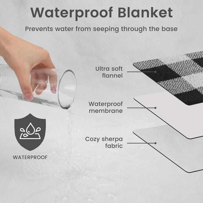 Водонепроникний килимок для собак, 152x127 см, фланель та шерпа, для середніх та великих собак, чорний в клітинку