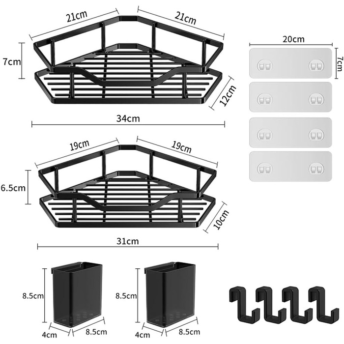 Поличка для душу без свердління, кутова, 2 шт., органайзер для ванної кімнати з 4 гачками, чорний. Підставка для шампуню та аксесуарів для душу