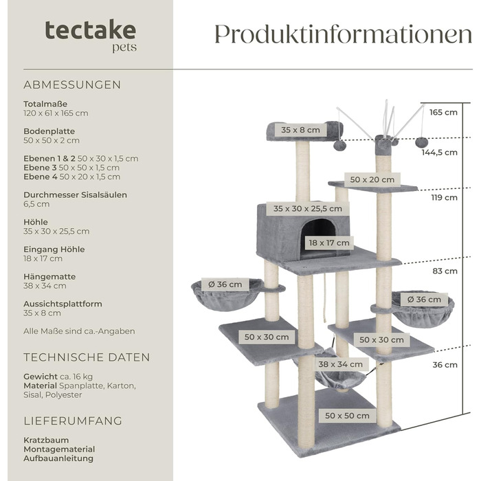 Тектейк® XXL Дерево для котів велике, з аксесуарами: лежанки, гамак, будиночок, іграшки, мотузка з сизалю, стійка для дряпання, висота 165 см, сірий | 402931