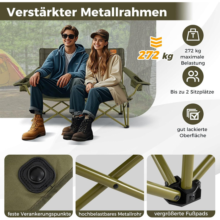 Крісло для кемпінгу на 2 особи Costway, розкладне, з регульованими підлокітниками, тримачами для напоїв та сумкою, вантажопідйомність 272 кг, для відпочинку, риболовлі, пікніків (зелене)