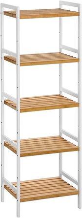 SONGMICS Bamboo Shelf, Kitchen Shelf, Bathroom Shelf, Bookshelf, Freestanding Shelf with 4 Shelves, 45 x 31.5 x 111 cm, for Bathroom, Kitchen, Living Room, Bedroom, Balcony, Natural White-Colored BCB74WN (5 Shelves (142H cm))