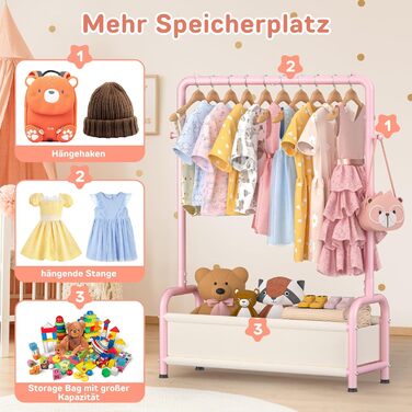 Дитяча вішалка для одягу Kinder Garderobe, 80x30x125 см, рожева. З гачками та кошиком для зберігання, U-подібна основа.