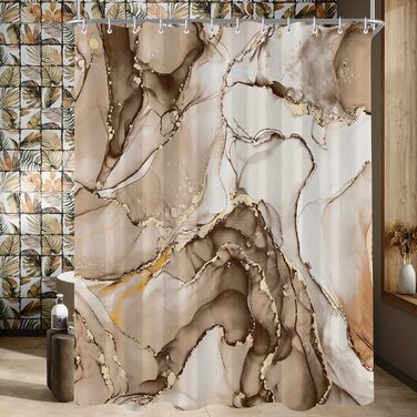 Штора для душу 180x200 см, коричневий мармур, поліестер, з утяжеленим краєм, антигрибкова, водовідштовхувальна, з кільцями (1 шт)