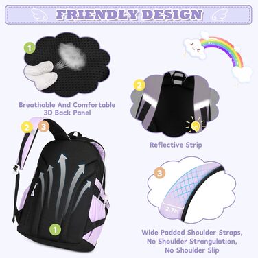 Дитячий рюкзак для школи для дівчаток: Kawaii рюкзак з великою місткістю (3-частинний набір, чорний та фіолетовий)