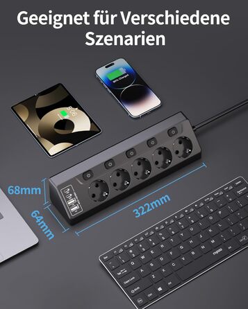 Мережевий фільтр 5-фазний з USB та LED, чорний - для дому, кухні, офісу