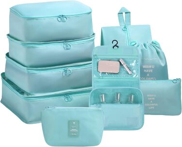 Органайзер для валізи OSDUE, набір 9 шт., Packing Cubes, водонепроникні сумки для одягу, сумки для пакування, кубики для пакування з косметичкою та USB-сумкою (Бежевий) (B-світлоблакитний 9шт)