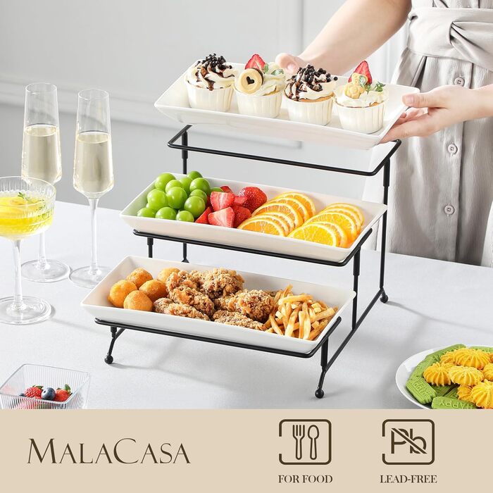 MALACASA 3-Tier Porcelain Serving Platter with Folding Sturdy Stand, for Party Entertaining Food Display, Fruit Dessert, Cupcakes, White, 30.5x15.3cm