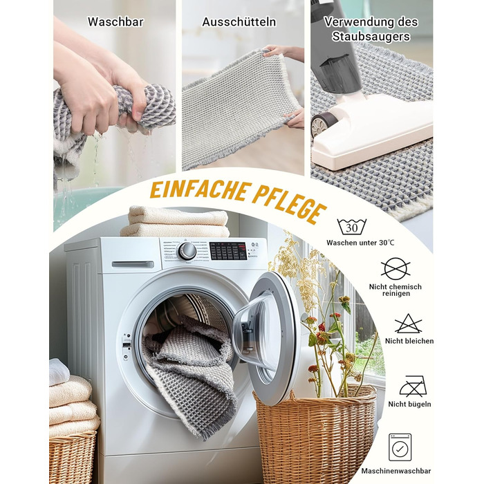 Boho Bathroom Rug Set - Non-Slip Bath Mats (2-Piece) - Washable Shower Rugs for Bathroom, Bedroom, Living Room - 51x120cm + 41x61cm (Gray & White)
