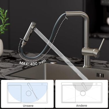 Змішувач для кухні CECIPA X203B чорного кольору з висувною лійкою, поворотний на 360°, з двома режимами струменя, нержавіюча сталь