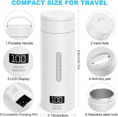 Flintronic Travel Electric Kettle, 380ML Mini Electric Kettle, 220 V / 300W Thermos Flask, 304 Stainless Steel Liner, Small Portable Electric Kettle with Automatic Shut-Off