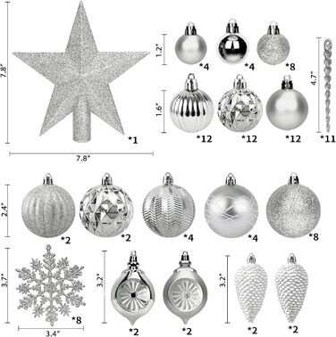 100 шт. прикраси для ялинки: кулі, верхівка, чорний набір, сріблястий, розбиваємий, для підвішування