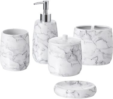 Motifeur Badaccessoires Set, 5-Piece Ceramic Bathroom Accessories Set with Lotion Dispenser/Soap Pump, Cotton Swab Holder, Soap Dish, Cup, and Toothbrush Holder (Marble Look)