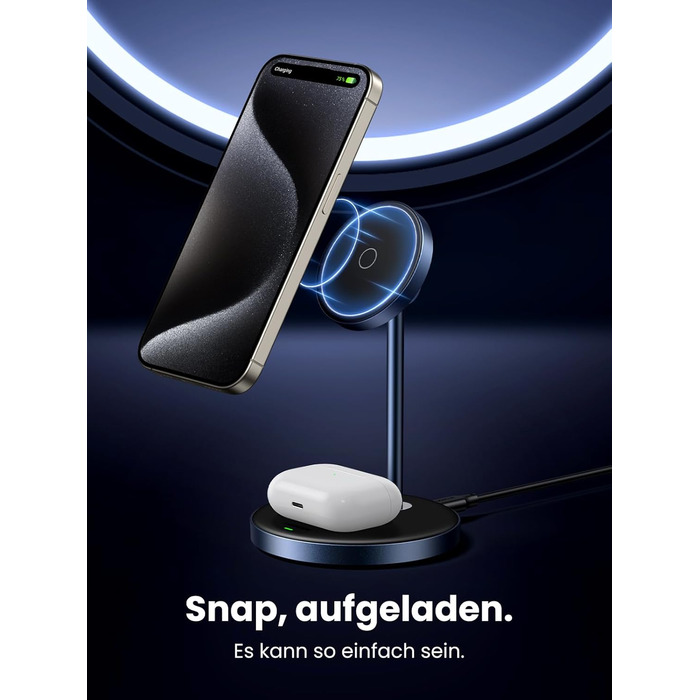 UGREEN MagFlow 2-в-1 Бездротова зарядка для iPhone з MagSafe, 90° регульована, кабель USB-C 1м