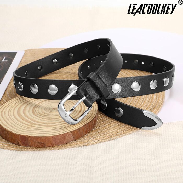 LEACOOLKEY Жіночий шкіряний ремінь для джинсів, пояс, шкіряний ремінь у стилі панк з пряжками, ремінь з шипами, розмір M (82-91 см), розмір XXL (113-122 см)