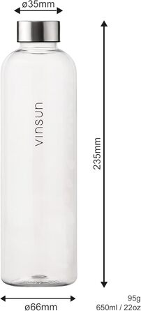 VINSUN Water Bottle 650ml, 1000ml, 1500ml - Leak-proof, Carbonated Drink Compatible, BPA-free, Tritan - Lightweight Water Bottle for Sports, Outdoor Activities, School, Cycling, Office (650 ml, Transparent)