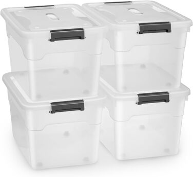 JUSKYS Storage Box with Lid - Set of 4 Plastic Boxes 45L - Large Box, Stackable, Transparent - Storage Organization System Storage Boxes