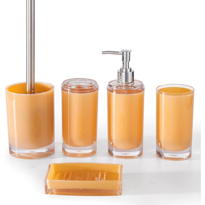 Acrylic Bathroom Accessories Set, Lotion/Soap Dispenser, Soap Dish, Toothbrush Holder, Tumbler, Toilet Brush and Holder, Modern Bathroom Decor and Housewarming Gift Set, Orange, 5-Piece