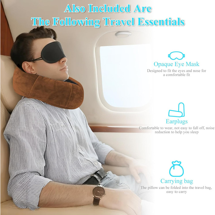 Подушка для шиї у вигляді звірка Memory Foam для дорослих з чохлами для вух, маскою для очей та сумкою. М'яка, дихаюча, ідеальна для подорожей, авто, офісу (колір: коричневий)