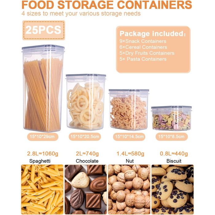 Набір контейнерів для зберігання продуктів 25 елементів (9x0.8L + 6x1.4L + 5x2L + 5x2.8L), герметичні, з кришкою, для кухні, органайзер, пластик, для спагеті, борошна, мюслі, кукурудзяних пластівців