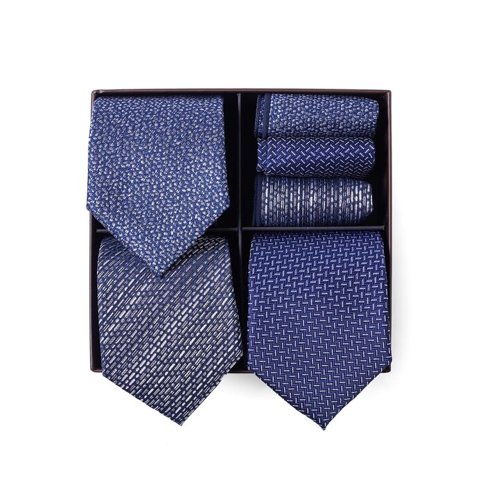 Набір краваток для чоловіків 3 шт. + 3 кишенькові хустинки | Подарунковий бокс для чоловіків | Класичний аксесуар для весілля | Білий та синій принт