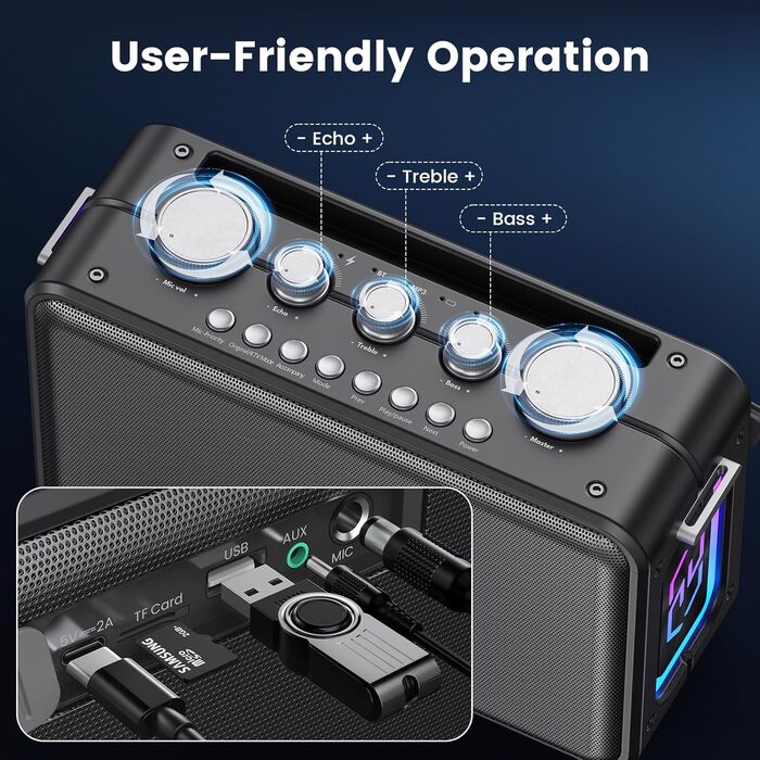 Караоке-система HWWR MS81 з 2 мікрофонами Bluetooth 5.3, підтримка USB/TF-карти/AUX, функція запису, для дому та вечірок, чорний колір