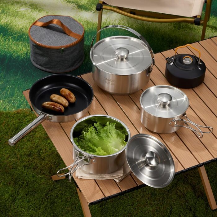 Набір кухонного посуду для кемпінгу з нержавіючої сталі 304, 10 предметів: каструлі, сковорідки, чайник, сітчаста сумка для подорожей, кемпінгу, трекінгу, пікніків, похідного спорядження
