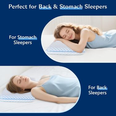 Подушка з піни Memory Foam для сну на животі та спині, ультратонка 5.7 см, знімний чохол, ортопедична 40x60 см, синьо-біла