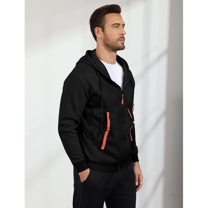 Худі Aulemen чоловіче з блискавкою, з довгим рукавом, спортивна куртка, Slim Fit, з капюшоном, з кількома кишенями, для повсякденного носіння та спорту (Чорний, XXL)