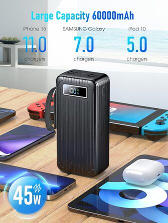 Power Bank 60000 mAh з PD 45W, 6 портів (4 USB-A, 2 Type-C), LED дисплей, вбудовані кабелі, чорний
