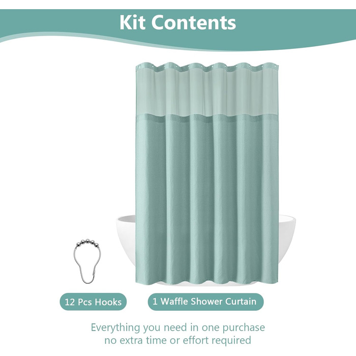 Завіса для душу з тканини вафельного плетіння FY&XZH з гачками, важка, водонепроникна, з покриттям TPU, стиль готелю з сітчастим віконцем, 2 гачки, стійкі до корозії (Зелений, 83 x 83 см)