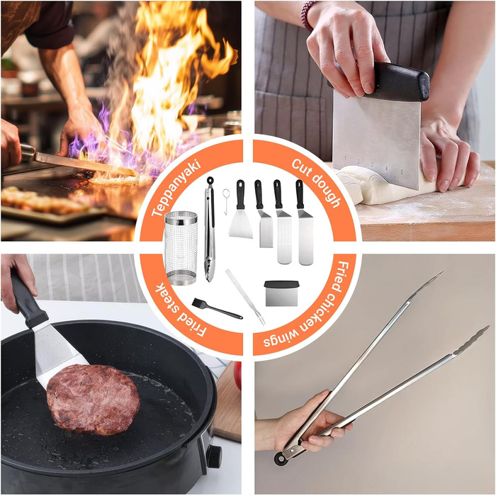 Набір гриль-посуду 14 предметів з нержавіючої сталі: щипці, лопатка, шпатель, кейс, килимок та 2 пляшки для соку. Ідеальний подарунок для чоловіків, для саду та кемпінгу.