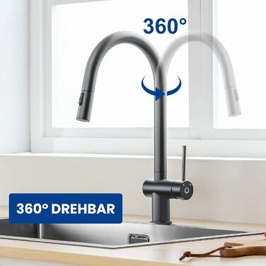 Чорний кухонний змішувач CECIPA SOFETIY SERIE з висувною лійкою, 360° поворот, нержавіюча сталь, 2 режими струменя