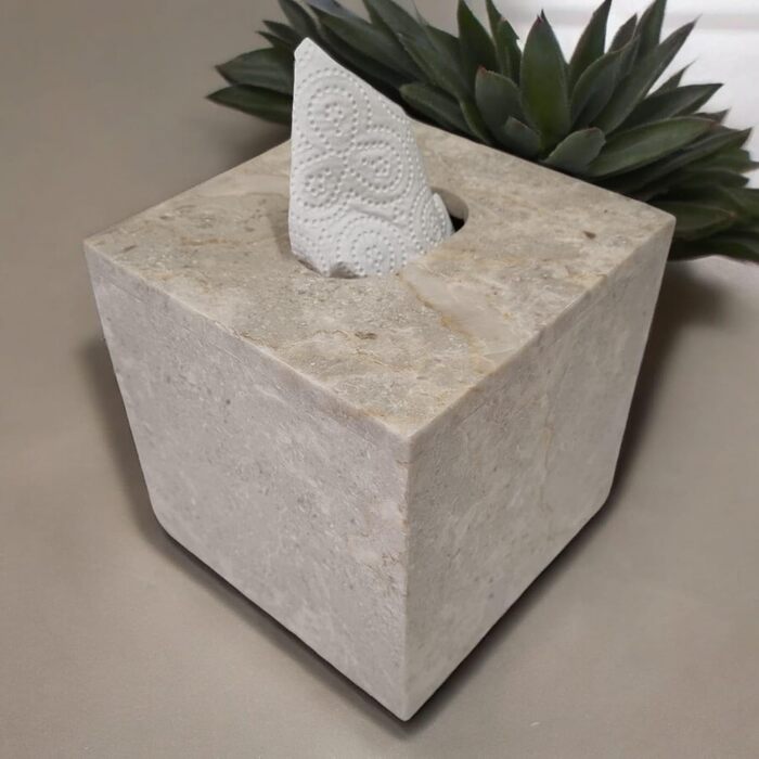 Marble Tissue Box - Natural Stone Cosmetic Tissue Holder - Beige Stone Tissue Box for Bathroom, Living Room, Hallway, etc.