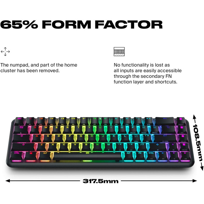 Механічна ігрова клавіатура Fnatic STREAK65 з RGB-підсвічуванням та швидкими срібними перемикачами (65% layout, DE/QWERTZ)