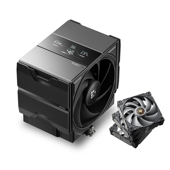 Система охолодження CPU Sudokoo SK700V для AM5: кулер з вентилятором 120 мм, цифровим дисплеєм та 6 heatpipes для AM5. Кулер з вентилятором 120 мм та одною баштою, повітряне охолодження з вільним доступом до RAM, 5 років гарантії (SK700V Чорний + MACH120 