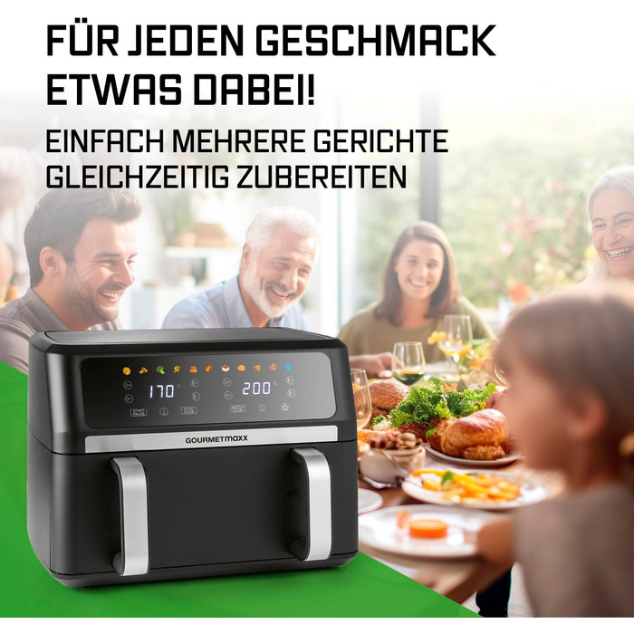 Фритюрниця готувальна повітрям Gourmetmaxx AirGenius 9 л (2 x 4,5 л) з 8 програмами | 2 камери для одночасного приготування | Сенсорний дисплей, для 8 осіб