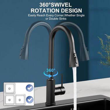 Змішувач для кухні SREWOHS PRO 4 з висувною лійкою, 4 режими розпилення, високий тиск, шланговий вилив, поворотний на 360°, одноручковий, чорний, нержавіюча сталь