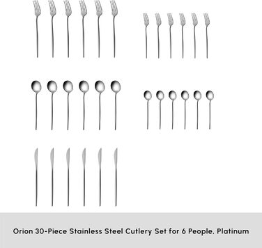 Karaca Orion Platinum 30-Piece Cutlery Set for 6 People, Stainless Steel, 6 Dinner Knives, 6 Soup Spoons, 6 Dinner Forks, 6 Dessert Forks, 6 Teaspoons, Modern Design