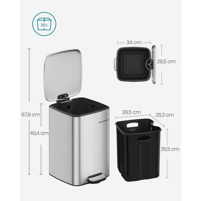 Відро для сміття SONGMICS 20 л з педаллю, сталеве, з внутрішнім відром, Soft-Close, металік срібло