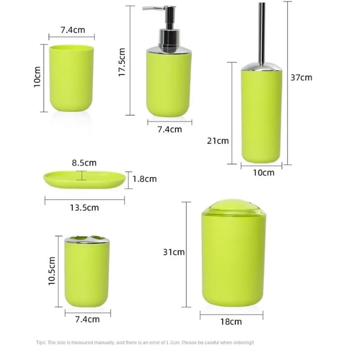 Набір аксесуарів для ванної кімнати, 6 предметів: смітник, тримач для зубних щіток, стакан для зубної пасти, мильниця, дозатор для миючого засобу, зелений