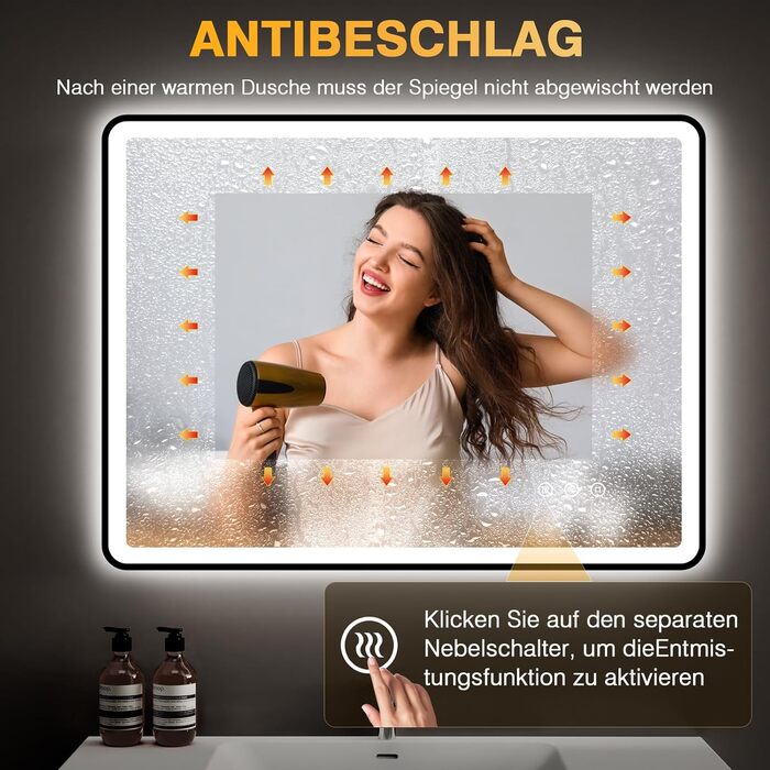 Дзеркало для ванної кімнати з підсвічуванням 80x60 см, 3 кольори, регульована яскравість, антизапар, 3x збільшення, розетка для гоління, IP44, для горизонтального/вертикального монтажу