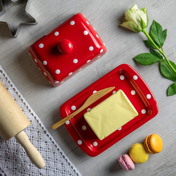 City to Cottage - Butterdose Keramik | Red and White | Polka Dots | Handmade | 250 gram ceramic butter dish with lid